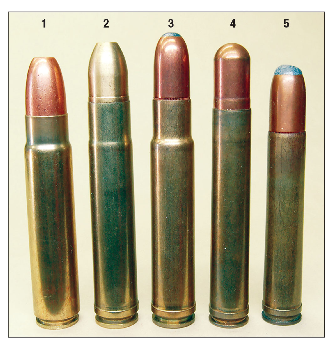 For comparison: the (1) .500 Jeffery, (2) .510 Wells, (3) .460 Weatherby, (4) .458 Lott and the (5) .458 Winchester.